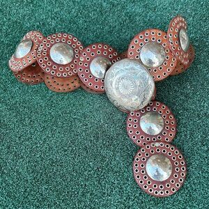 Vintage Medallion Boho Grommet Leather Belt Silver Cognac OS
